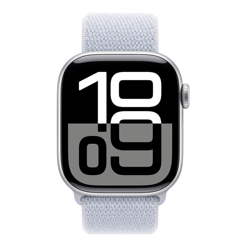 Apple Watch Series 10 GPS – Silbernes Aluminium – Textil-Sportarmband Cloud Blue – 42 mm